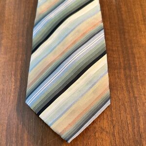 Van Heusen Green, Gold, Tan, Cream & Blue Striped Silk‎ Stain Resistant Tie